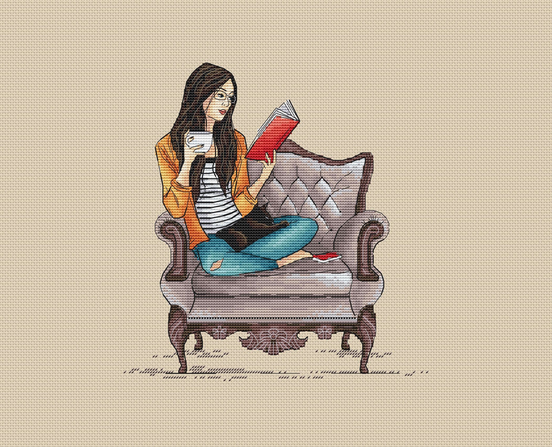 Girl in glasses cross stitch pattern girl with cat cross Etsy