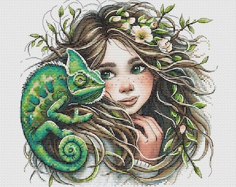 Girl with chameleon cross stitch pattern