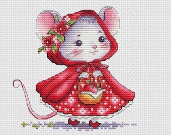 Mouse girl in red dress cross stitch pattern