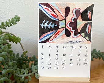 Hand-lettered 2024 Desk Calendar, Watercolor and Calligraphy Calendar with Stand, Hand-painted designs, Holiday Gift, 2024 Calendar