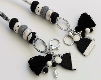 Beaded teacher lanyard - Necklace lanyard - ID holder - Black+White lanyard - Handmade keychain - Clay lanyard - Gift for her - Teacher gift
