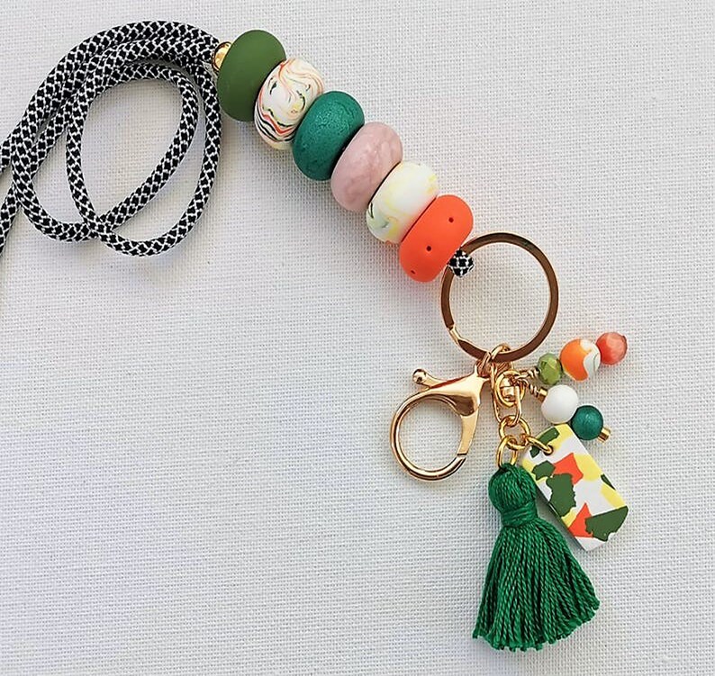 Teacher lanyard, Accessory, Beaded lanyard, Necklace lanyard, Lanyard with ID holder, Clay accessory, Key lanyard, Handmade badge holder image 2