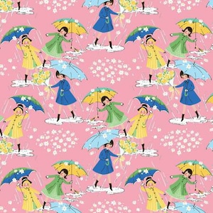 ペニー ローズ メイ フラワーズ メイン ピンク - 傘を持つ女の子 生地 - 半ヤード - HTF OOP