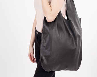 Leather hobo bag Large shoulder bag Black handbag Leather shopper bag Gift for her Soft large women bag Oversize bag