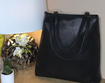 LEATHER TOTE Black/cognac color full grain leather bag Women shoulder bag Shopper bag Free PERSONALIZATION