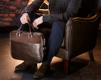 Full Grain Leather Laptop Briefcase: Dark Brown Personalized Messenger Bag