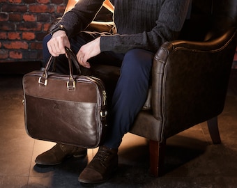 PERSONALIZED LEATHER BRIEFCASE / Full grain leather dark brown laptop bag / Mens leather messenger bag / Office leather bag