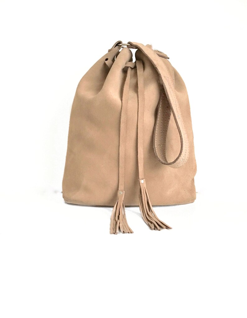 Leather suede soft bucket bag Womens shoulder bag Beige | Etsy