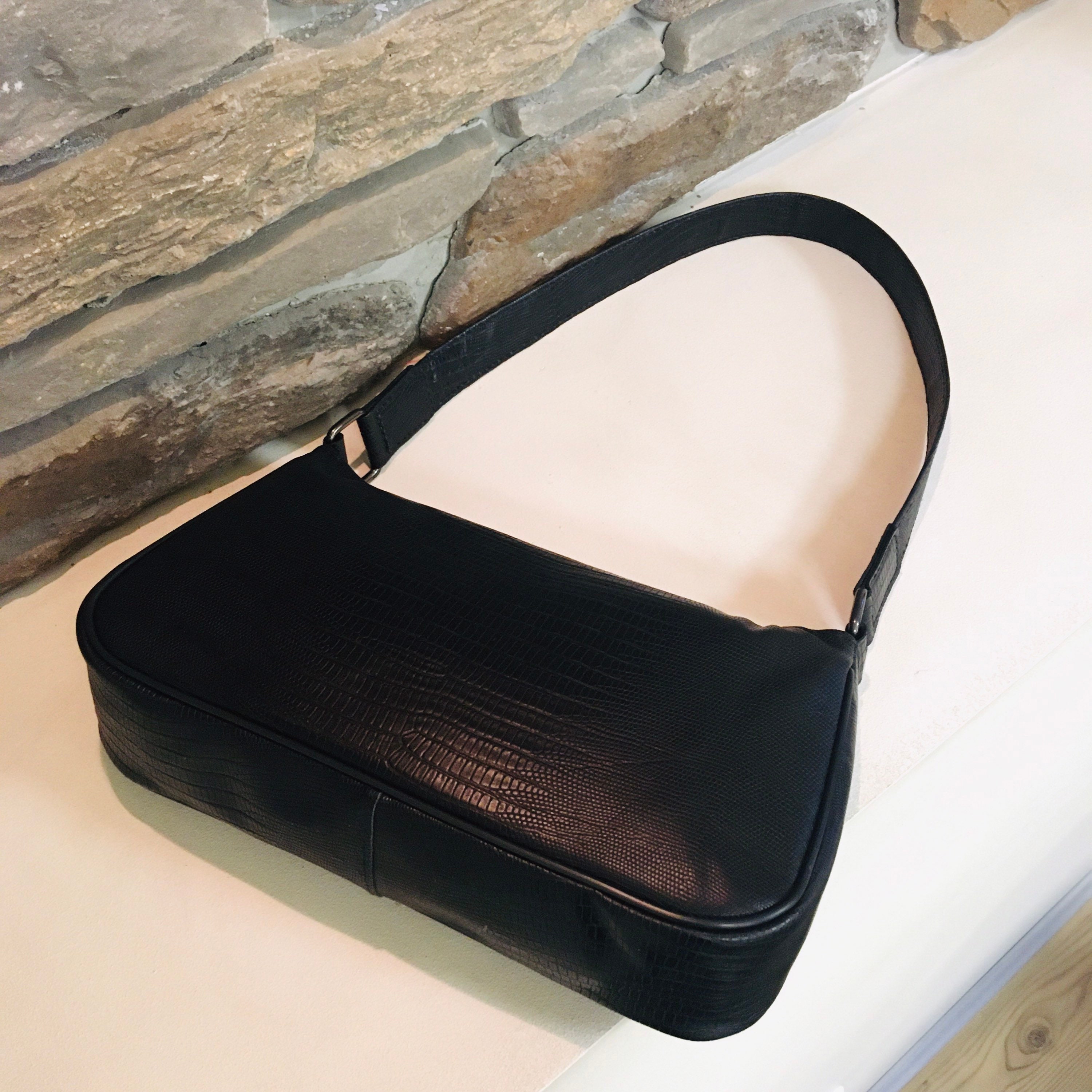 Black leather baguette bag Crocodile print leather bag Retro | Etsy