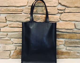 BLACK LEATHER TOTE bag Women/Men leather hand bag Shopping bag  Office bag Laptop women bag Large shoulder bag Free personalization