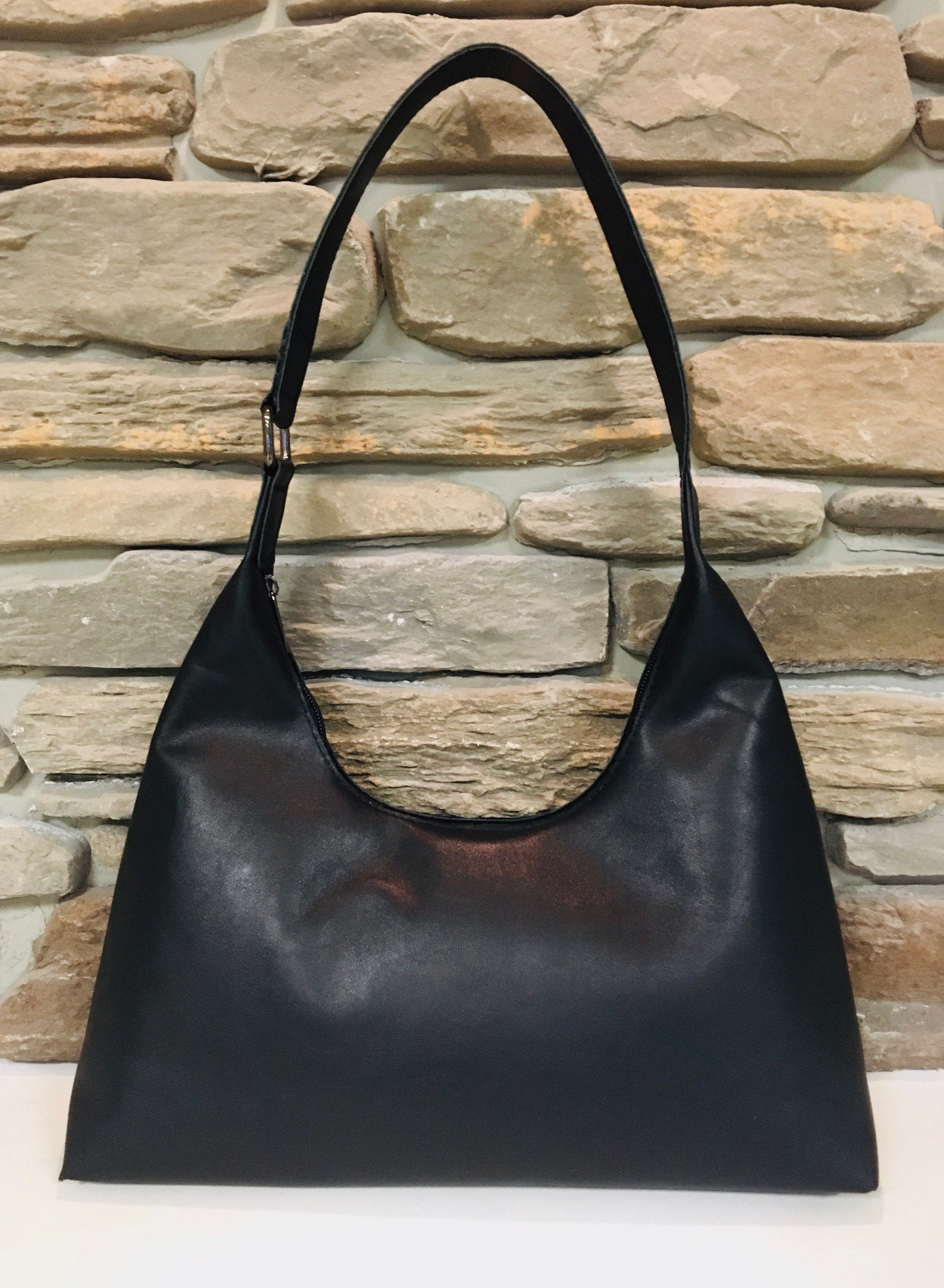 Black Leather Baguette Bag Shoulder Bag Medium Size Tote Bag Etsy
