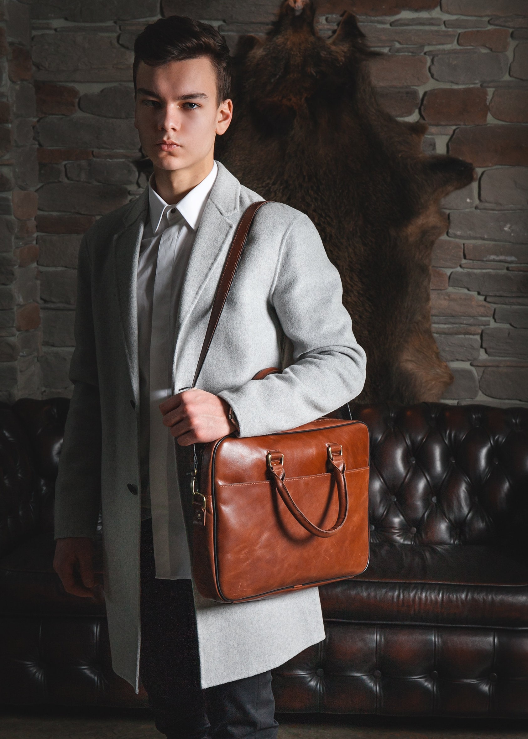 Leather Briefcase With Trolley Strap Slim Leather Laptop Bag Men's