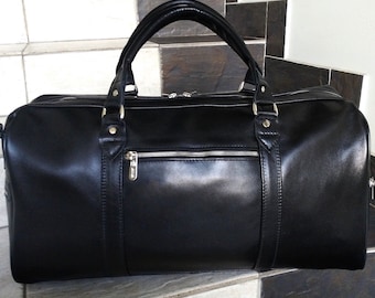 Handmade Full Grain Black Leather Duffle Bag: Unisex Travel Gym Bag