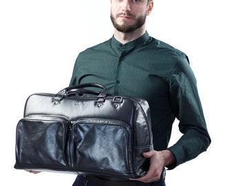 Handmade Black Leather Duffel Bag: Full Grain Leather Weekender