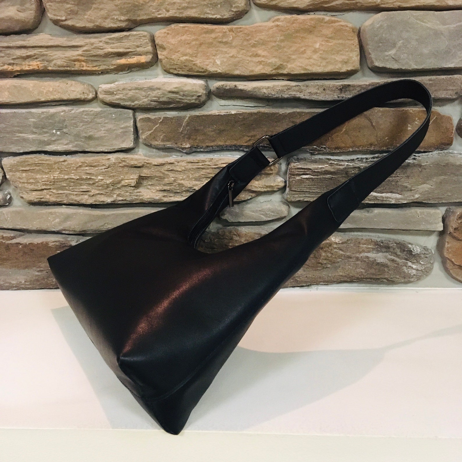 Black Leather Baguette Bag Shoulder Bag Medium Size Tote Bag Etsy