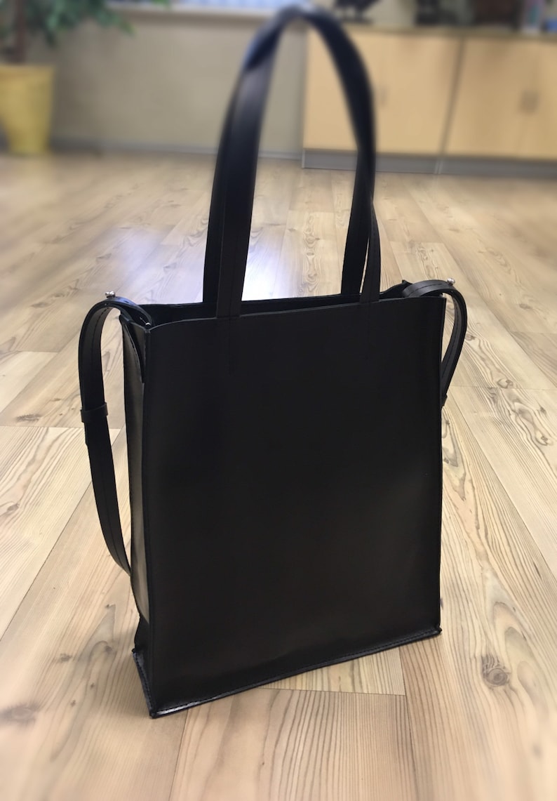 BLACK LEATHER TOTE bag Women/Men leather hand bag Shopping bag Office bag Laptop women bag Large shoulder bag Free personalization image 7