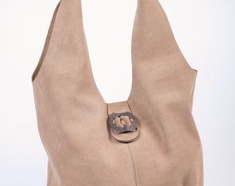 Suede Leather Hobo Bag: Large Shoulder Bag with Removable Purse