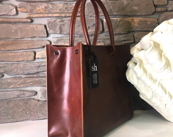 Brown genuine leather tote bag Women handbag Large shoulder bag