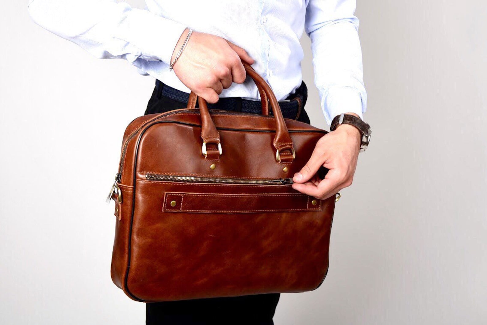 Leather Briefcase With Trolley Strap Slim Leather Laptop Bag Men's