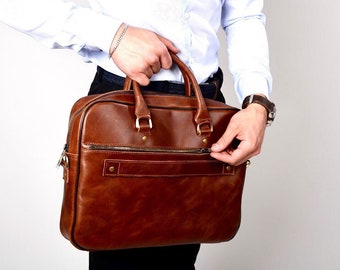 Leather briefcase with trolley strap Slim leather laptop bag Men's leather messenger bag Business  bag Gift for him Free personalization