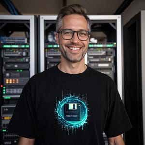 May include: A black t-shirt with a blue and white graphic of a floppy disk inside a circle with the text "keep it secret, keep it safe."