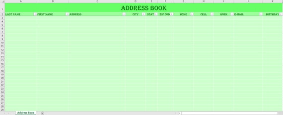 address book excel template green etsy address book excel