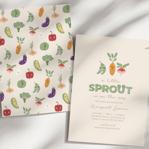 Invito per baby shower Little Sprout is on the Way, coltivato localmente, a quadretti, pacchetto di semi, festa mista moderna e minimalista, download immediato