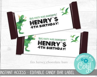 Instant Download Dinosaur Birthday Editable Chocolate Bar Wrapper | Thank You | Party Favor | Any Age | Printable DIY