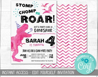 Editable  Pink Dinosaur Birthday Invitation | Edit at Corjl.com | Any Age | Instant Download | Printable Invitation