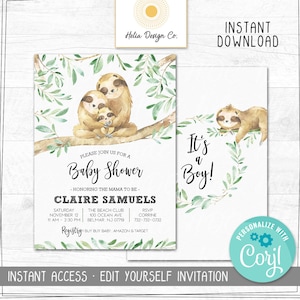 Sloth Baby Shower Invitation Template: Editable Corjl Design (Digital Download)