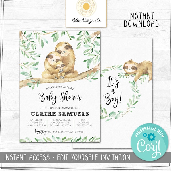 Sloth Baby Shower Invitation Template for Instant Digital Download | Can be for Joint Shower | Edit Yourself at Corjl