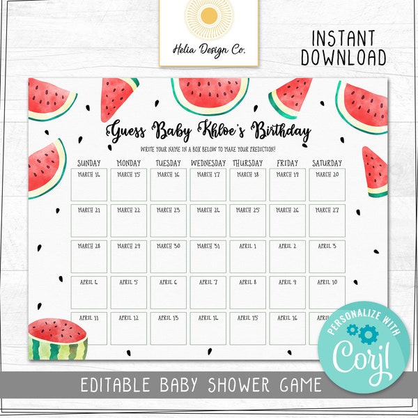 Watermelon Baby Shower Game | Guess Baby's Birthday | Baby Shower Games | Party Signs | Instant Download | Printable DIY