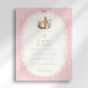 May include: A pink and white gingham background with a floral border. Inside the border is a poem from the Easter Bunny. The poem reads: "I hopped through the yard and up to your door with gifts hidden, eggs and surprises galore! I've hidden some eggs for a bright, happy day, so search high and low as you laugh and play. You've been a good kid, all year long, you see, so here's a small welcome just for you! Now all I must go, with a hop and a cheer, but I'll see you again around Easter next year! With love, The Easter Bunny".