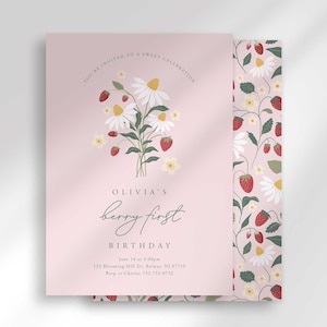 Modelo de convite de primeiro aniversário de Berry, Berry Sweet, Primeiro aniversário de morango moderno, Menina, Download instantâneo