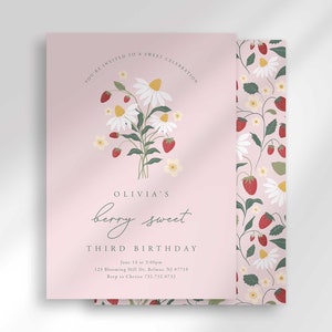 Modèle d'invitation d'anniversaire doux baies, anniversaire fraise moderne, 2e, 3e, 4e, 5e, 6e, thème fille, téléchargement immédiat