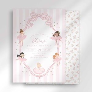 Modello di invito di compleanno per ballerina rosa, festa della ballerina, danza e volteggia, stravagante, moderno, invito di compleanno per ragazze carine, download immediato