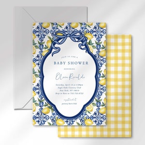 Invitación para baby shower con lazo, Baby shower de limón, Azulejos mediterráneos, La Dolce Vita Baby, Costa de Amalfi, Playa Toscana, Ciao Baby, Bambino