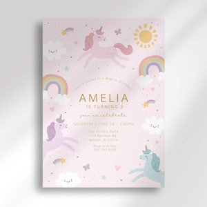 Modèle d'invitation de licorne pastel, licorne arc-en-ciel, anniversaire magique, conte de fées fantaisiste, moderne, invitation d'anniversaire de fille, téléchargement immédiat