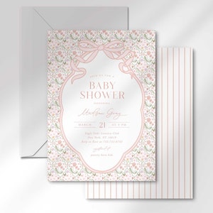 Babyshower met roze strik, babyshower wilde bloemen, esthetische babyshower, uitnodiging babyshower babymeisje