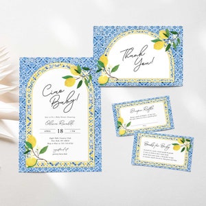 Ciao Baby Italienisches Babyparty-Einladungs-Set, Mediterrane Fliesen-Babyparty, Zitrone, Amalfiküstenästhetik, Windelraffle, Bücher für Baby