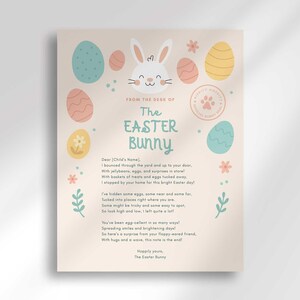 May include: A beige Easter-themed print featuring a smiling white bunny, colorful eggs, and floral accents. The text reads "The Easter Bunny" and includes a poem. A paw print stamp is also visible.