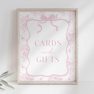 Kaarten en geschenken babyshower bord, 8 x 10 blush roze chinoiserie babyshower, roze strik decor, Franse toile kant afdrukbaar bord, meisjesdouche