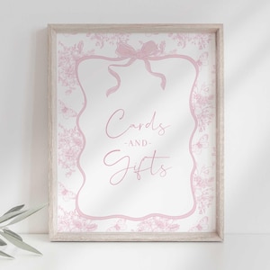 Kaarten en geschenken babyshower bord, 8 x 10 blush roze chinoiserie babyshower, roze strik decor, Franse toile kant afdrukbaar bord, meisjesdouche