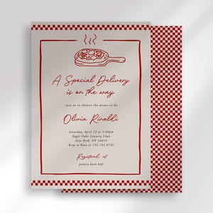 Modern Pizza Baby Shower Invitation, Pizzas and Pacifiers Theme, A Special Delivery Baby Sprinkle Invite, Editable Red Gingham Printable