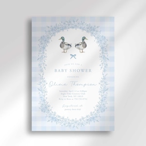 Invitación para baby shower con diseño de pato silvestre, baby shower con diseño de patito, baby shower con cuadros vichy y monograma, invitación para baby shower de niño en azul