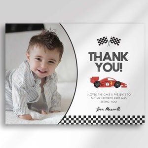 ELKE KLEUR Raceauto verjaardagsbedankkaart, foto bedankt, Fast One, 1e ronde rond het circuit, twee snel, vier snelheden nodig, Instant Download