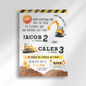 Sibling Construction Truck Birthday Invitation, Two Names and Ages Invite, Joint Construction Site Birthday Invite, Instant Download | BC1