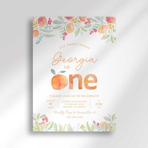 One Sweet Pfirsich Erster Geburtstag Einladung Vorlage, Baby Girl 1st, Instant Download