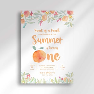 Peach Birthday Invitations, Little Peach, Girl First Birthday, Watercolor Peaches, Sweet as a Peach, Peach Theme, Instant Download