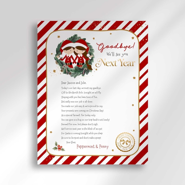 Editable Elf Goodbye Letter | Includes Both Boy Elf and Girl Elf in Pairs | Elf Letter from the Desk of Santa Claus